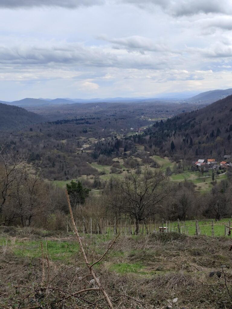 Slika prikazuje razgled iz vasi Sinji vrh proti Hrvaški, na suho Sinjevrško dolino.